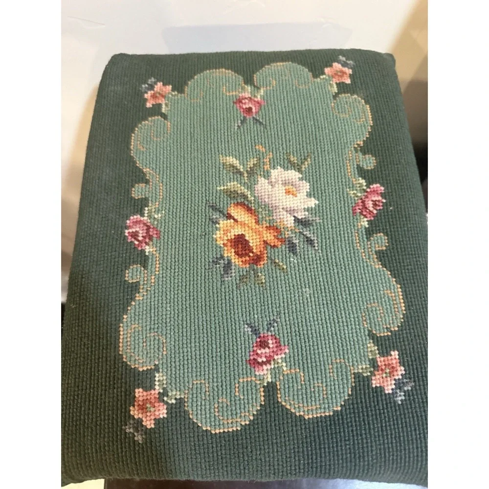 Vintage Floral Needlepoint Footstool Wood Rectangular Green ~9x12